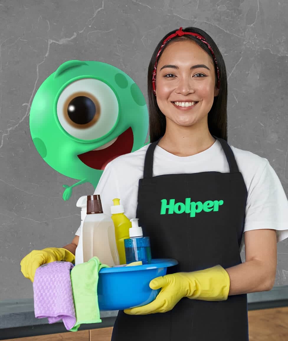 Profesional Holper realizando limpieza en un apartamento